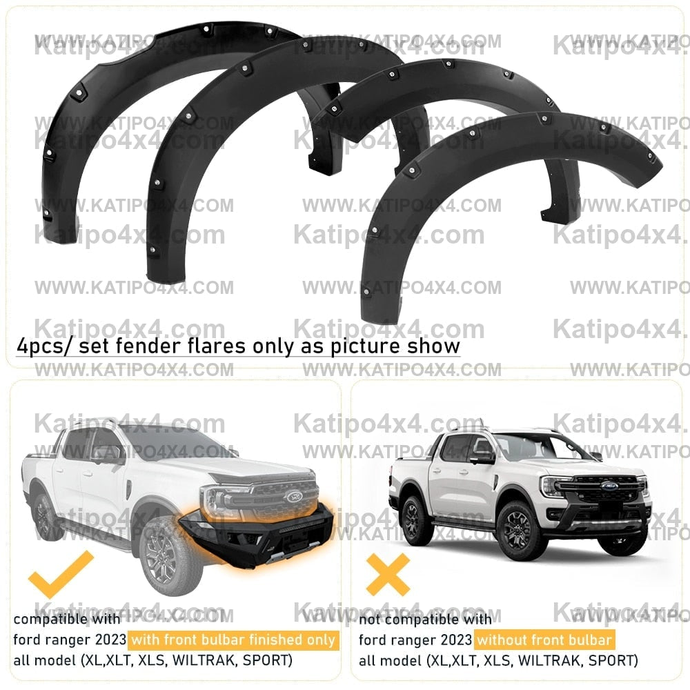 Bolt Style Fender Flares For Ford Ranger 2023+ Next-Gen WILDTRAK SPORT XLT XLS XL With Front Bulbar 4''