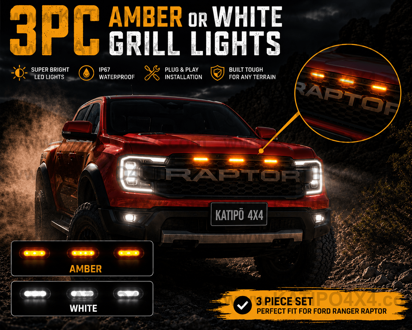 For 2022+ Ranger Raptor Grill  3Pcs Amber or White LED Light ( Slim Line Lights ) FREE WORLDWIDE SHIPPING