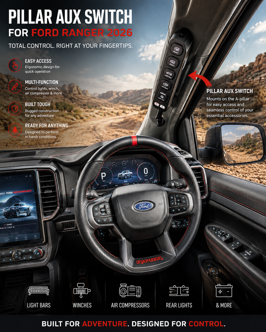 2022+ FORD RANGER, EVEREST & RAPTOR WIRELESS AUX SWITCH GRAB HANDLE SWITCH PANEL