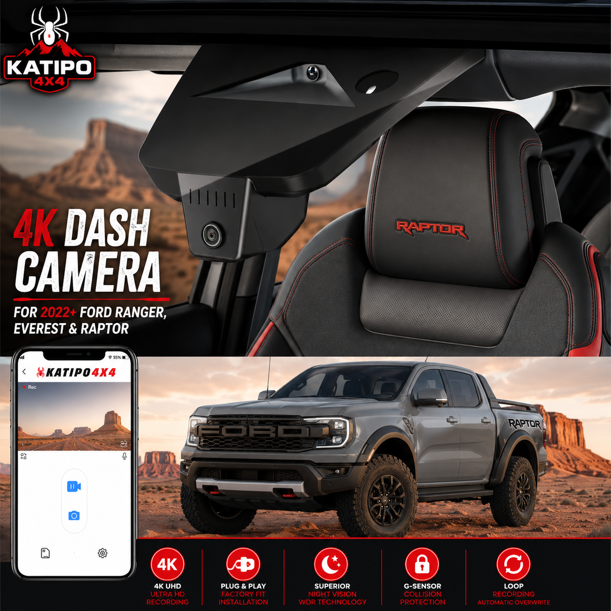 4K Dashcam for Ford Ranger, Everest & Raptor 2022+ ( Plug & Play Perfect fit ) Front & Rear Cam Option