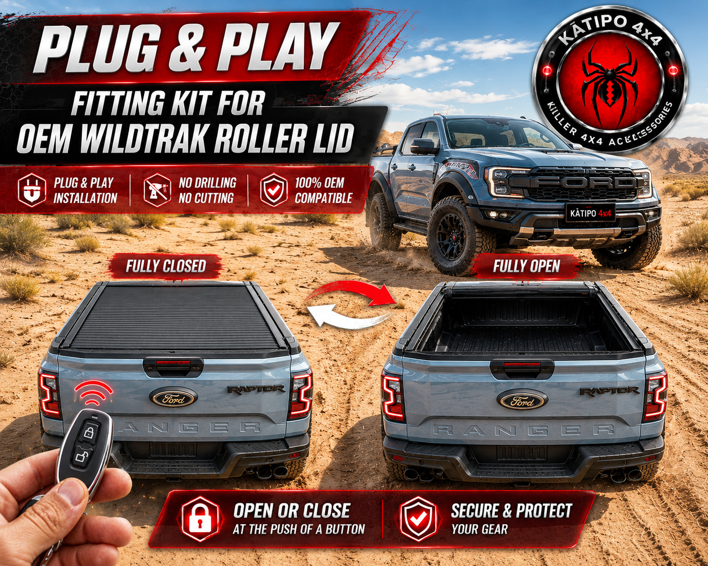 Electric Wildtrak Roller Lid Wire loom & Wireless KEY FOB controller ( Fit you own lid ) ©