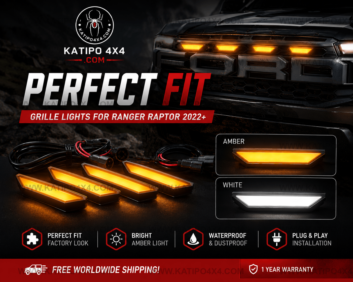 2022+ NEXT-GEN RANGER RAPTOR GRILL LIGHTS ( PERFECT FIT ) 4PC AMBER OR WHITE LED FRONT GRILLE LIGHT LAMPS