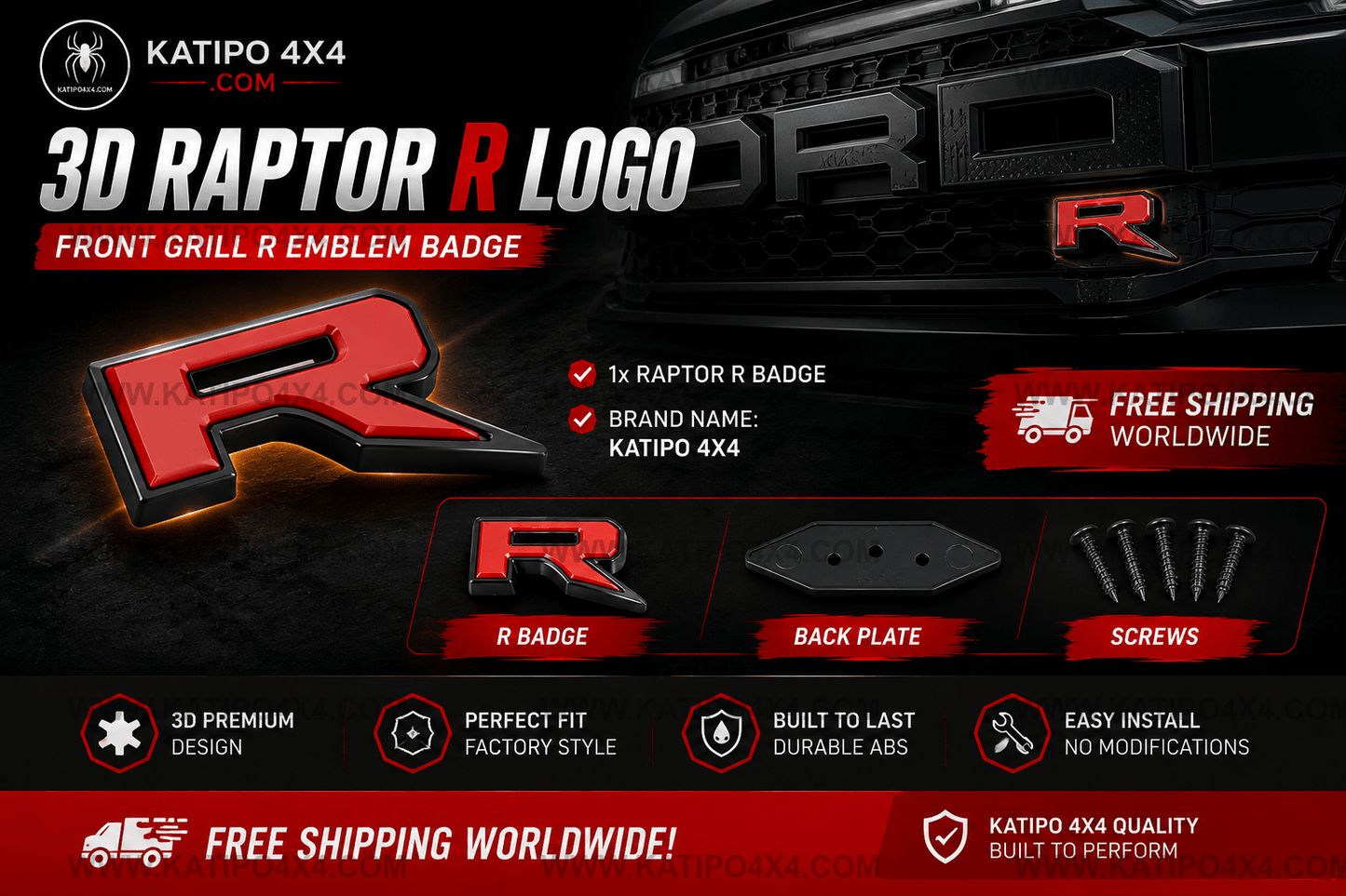 3D RAPTOR R LOGO - Front Grill R Emblem Badge