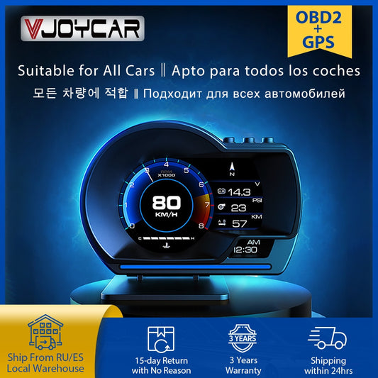 Vjoycar V60 Newest Head Up Display Auto Display OBD2+GPS Smart Car HUD Gauge Digital Odometer Security Alarm Water&amp;Oil Temp. RPM